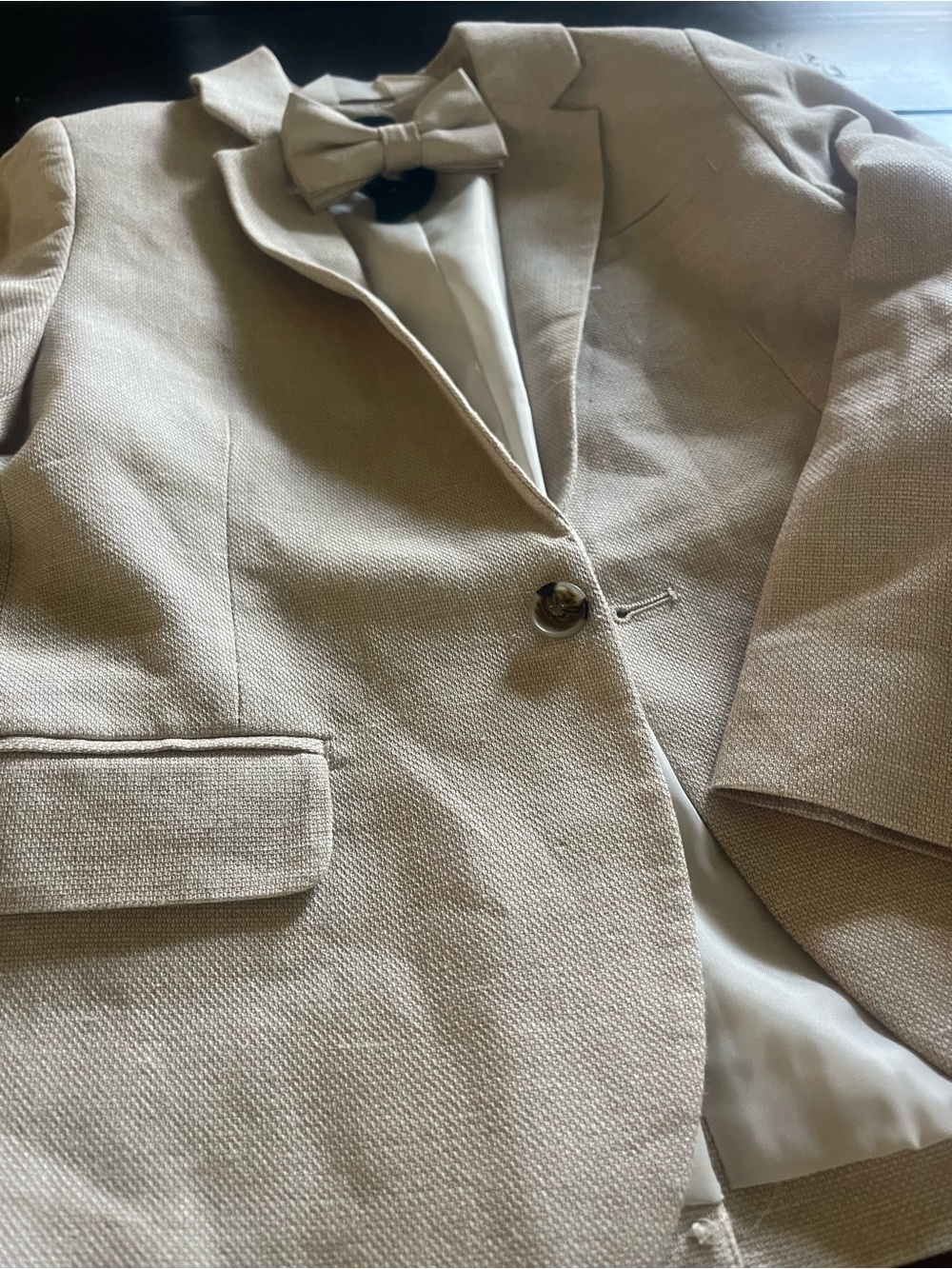 Beige Linen-Look Blazer & Pants Set with Bow tie Accent - Picture 3 of 9